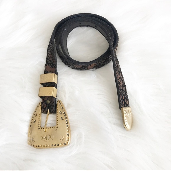 Black Leather belt with brown print gold hardware - Picture 3 of 6